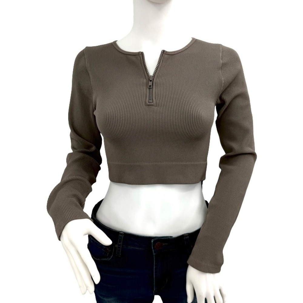 PRETTYLITTLETHING NEW XL Crop Top Ash Grey Ribbed Long Sleeve Zip Up Contour